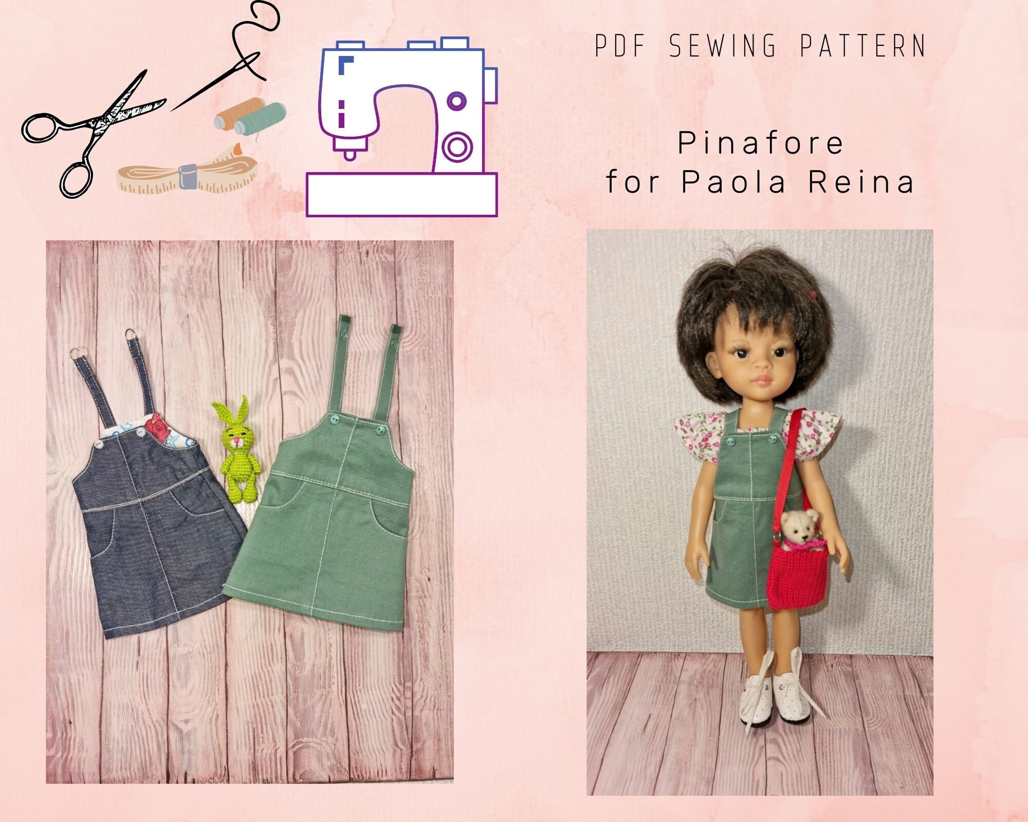 Pinafore for mini Paola Reina PDF sewing pattern for doll 8 inches Instant Download pattern doll clothes
