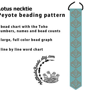 May include: A beading pattern for a necktie featuring a lotus flower design. The pattern includes a bead chart with Toho bead numbers, names, and bead counts, a large full-color bead graph, and a line-by-line word chart.
