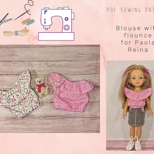 May include: PDF sewing pattern for a blouse with a flounce, designed for Paola Reina dolls. The pattern includes two versions of the blouse, one with a floral print and one with pink polka dots. The image also shows a doll wearing the blouse with a denim skirt.
