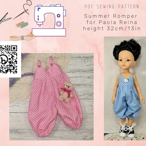 Summer Romper, Overalls for Paola Reina 32cm/13in, PDF sewing pattern Jumpsuit, Instant Download doll clothes pattern for beginners