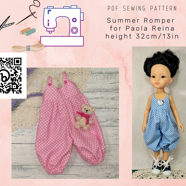 Summer Romper, Overalls for Paola Reina 32cm/13in, PDF sewing pattern Jumpsuit, Instant Download doll clothes pattern for beginners