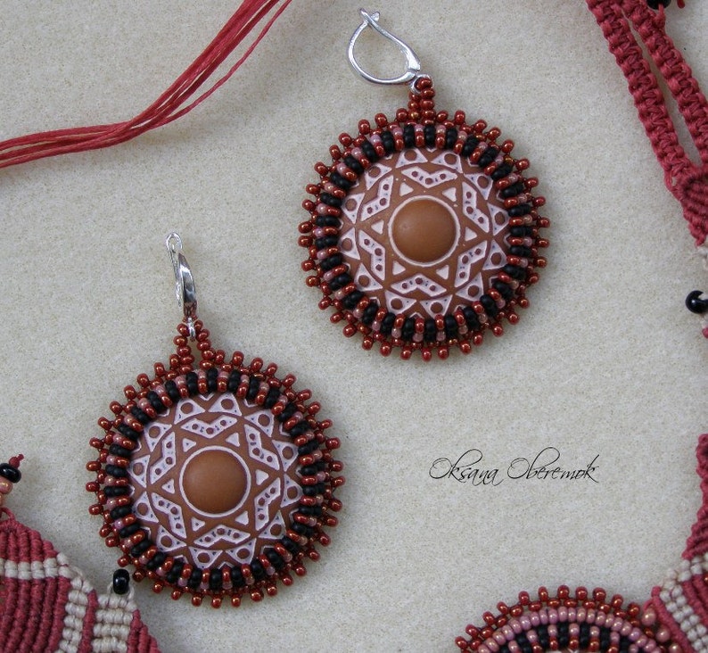 Red Pear Mandala jewelry set Macrame necklace macrame bracelet and beadwork earrings Ethno necklace