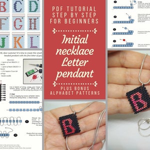 May include: PDF tutorial for beginners on how to make a beaded initial necklace pendant. The tutorial includes a step-by-step guide and alphabet patterns. The image shows a close-up of a finished necklace pendant with the letter B.