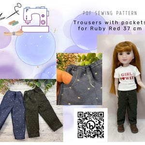 May include: A doll in a white t-shirt with "GIRL POWER" text and dark green trousers. The image also shows two pairs of trousers, one navy blue and one dark green, with a dotted pattern. The text "PDF SEWING PATTERN" is visible.