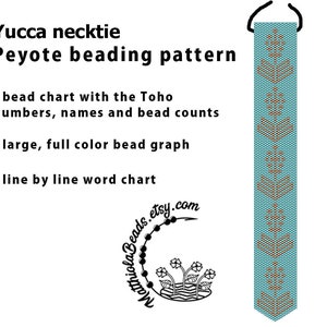 May include: A beading pattern for a yucca necktie, featuring a turquoise background with brown geometric designs. The pattern includes a bead chart, a full-color bead graph, and a line-by-line word chart. Matthiola Beads.etsy.com