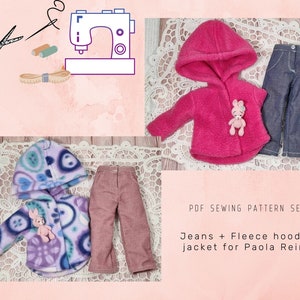 May include: PDF sewing pattern set for a hooded fleece jacket and jeans for Paola Reina dolls. The pattern includes a pink hooded jacket and blue jeans.