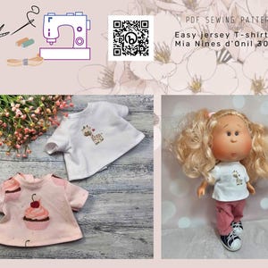 May include: PDF sewing pattern for an easy jersey T-shirt for a 30 cm doll. The pattern includes two designs: one with a giraffe and one with a cupcake. The pattern is shown on a doll wearing a white T-shirt with a giraffe design.