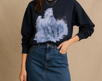 Horse Graphic Sweatshirt Blue Crewneck Pullover Equestrian Cozy Top M