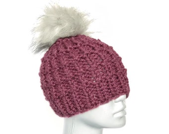 Plum Chunky Beanie with Faux Fur Pompom, Purple Crochet Hat with Gray Pom, Pink Winter Beanie, Women&#39;s Knit Cap, Fig Ski Cap, Winter Hat