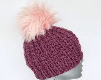 Plum Chunky Beanie with Faux Fur Pompom, Purple Crochet Hat with Pink Pom, Pink Winter Beanie, Women's Knit Cap, Fig Ski Cap, Winter Hat