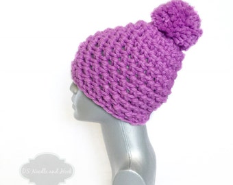 Purple Chunky Beanie with Pom, Pink Crochet Hat,  Plum Winter Beanie With Puff, Iris Pom Pom Knit Hat, Ski Cap