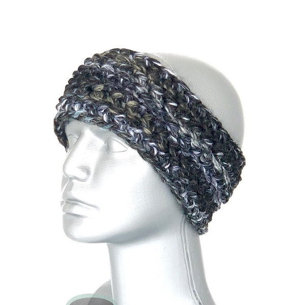 Black and White Crochet Headband, Chunky Black and Tan Ear Warmer, Ebony Head Wrap, Knit Winter Headband, Head Warmer