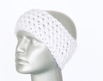 White Crochet Headband, Chunky Brght White Ear Warmer, Knit Head Wrap, Winter Headband, Head Warmer