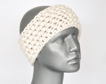 Diadema de crochet color crema, calentador de orejas beige grueso, pañuelo para la cabeza en color blanco roto, diadema de invierno de punto, calentador de cabeza en color blanco invierno,