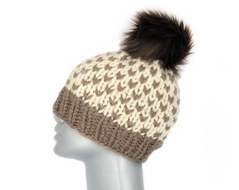 Brown and Cream Beanie with Faux Fur Pompom, Chunky Brown Knit Hat, Crochet Winter Beanie, Neutral Taupe Ski Cap