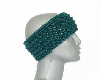 Dark Teal Crochet Headband, Chunky Green Ear Warmer, Mallard Green Knit Head Wrap, Emerald Winter Headband, Green Crochet Head Warmer