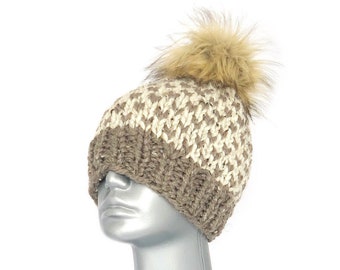 Beige Tweed Beanie with Faux Fur Pom, Chunky Brown Knit Hat, Oatmeal Winter Beanie With Puff, PomPom Toque, Neutral Earth Tone Ski Cap