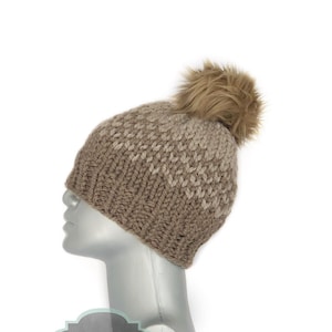 Brown Knit Beanie with Faux Fur Pompom, Chunky Light Brown Knit Hat, Taupe Winter Hat, Chunky Knit Toque, Neutral Ski Cap, Crochet Hat