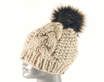 Cream Tweed Beanie with Faux Fur Pompom, Chunky Oatmeal Brown Knit Hat, Winter Beanie With Puff, Beige Tweed Knit Ski Cap, Crochet Hat