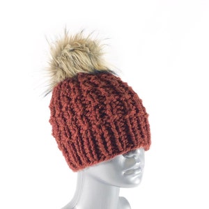 Burnt Orange Knit Beanie with Faux Fur Pompom, Rust Brown Knit Hat, Chunky Winter Beanie, Reddish Orange Winter Hat, Orange Crochet Hat