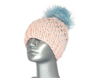 Blue and Pink Knit Beanie with Faux Fur Pom, Chunky Blue Knit Hat, Pink Winter Beanie with Pom, Blue Knit Toque, Pink Crochet Ski Cap
