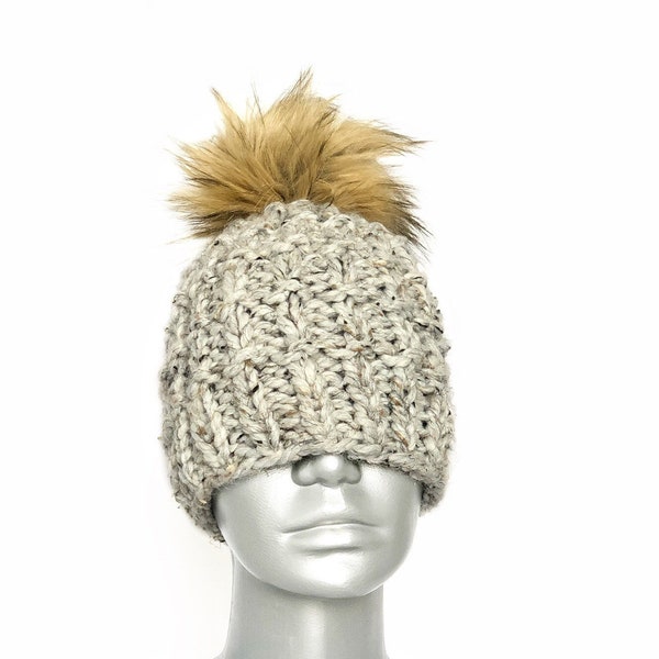 Beige Tweed Beanie with Faux Fur Pom, Chunky Brown Knit Hat, Oatmeal Winter Beanie With Puff, PomPom Toque, Neutral Women's Ski Cap