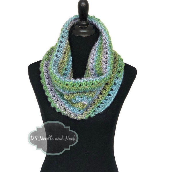 Aqua, Gray and Green Crochet Scarf, Teal Crochet Cowl, Blue Green Crochet Scarf, Handmade Infinity Scarf, Striped Neck Warmer, Crochet Snood