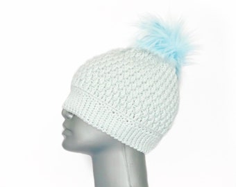 Light Blue Crochet Beanie with Faux Fur Pompom, Pale Blue Winter Hat, Knit Beanie with Puff, Pastel Blue Knit Toque, Soft Blue Ski Cap