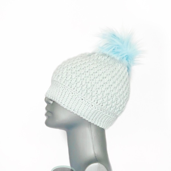 Light Blue Crochet Beanie with Faux Fur Pompom, Pale Blue Winter Hat, Knit Beanie with Puff, Pastel Blue Knit Toque, Soft Blue Ski Cap
