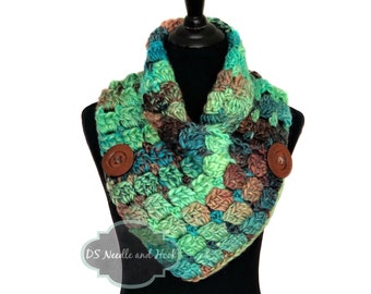 Green, Blue and Brown Crochet Scarf, Chunky Button Cowl, Bright Green Crochet Neck Warmer, Shoulder Wrap Scarf, Chunky Infinity Scarf