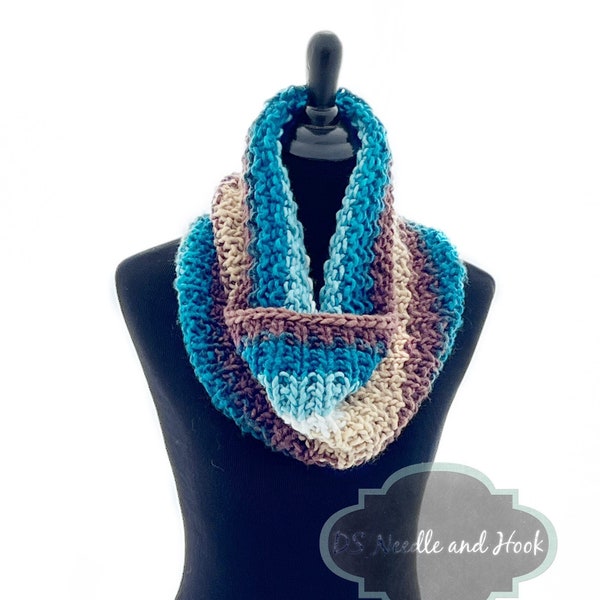 Brown Teal and Blue Knit Scarf, Tan Striped Cowl, Brown and Green Infinity Scarf, Cream and Brown Neck Warmer, Handmade Snood