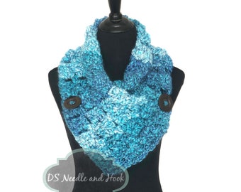 Aqua Blue Button Cowl, Chunky Crochet Neck Warmer, Soft Knit Wrap Scarf, Turquoise Crochet Collar