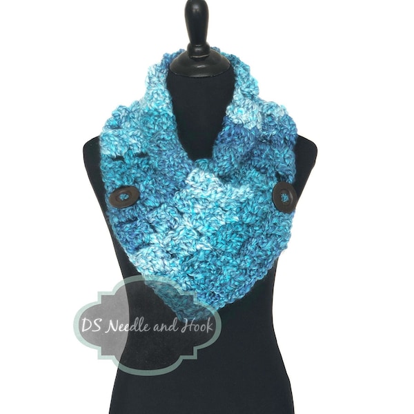 Aqua Blue Button Cowl, Chunky Crochet Neck Warmer, Soft Knit Wrap Scarf, Turquoise Crochet Collar