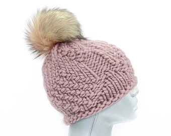 Dusty Pink Knit Beanie with Faux Fur Pompom, Chunky Mauve Crochet Hat, Dusty Rose Winter Beanie, Blush Pink Ski Cap