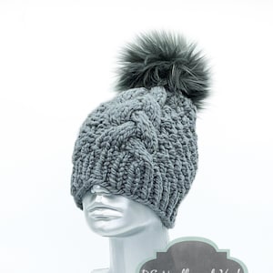 Gray Chunky Knit Hat with Faux Fur Pom, Charcoal Gray Knit Beanie, Light Gray Winter Hat , Warm Cable Knit Hat, Winter Ski Cap
