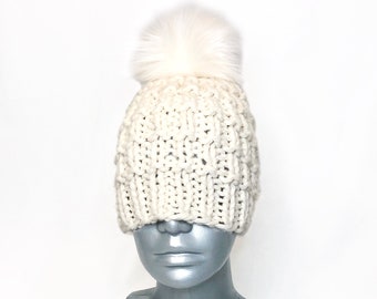 Cream Knit Beanie with Faux Fur Pom, Chunky Off White Crochet Hat, Winter White Beanie With Puff, PomPom Knit Hat, Crochet Ski Cap
