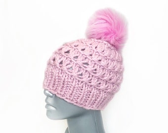 Pink Chunky Beanie with Faux Fur Pompom, Pastel Crochet Hat with Pink Pom, Pink Winter Beanie, Bright Pink Ski Cap, Knit Winter Hat