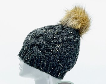 Sombrero de punto de tweed negro con pompón de piel sintética, gorro negro y marrón, sombrero de invierno de tweed grueso, gorra de esquí con cable