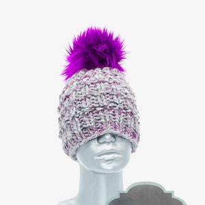 Purple and Black Knit Beanie with Faux Fur Pompom, Chunky Gray and Purple Hat, Striped Winter Beanie, Black and Plum Ski Cap, Cloche Hat