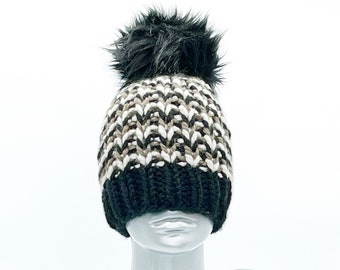 Lizette New York Black White Striped Knit Beanie Hat with Faux Fur Pom Pom NYC Knit Beanie Hat with Faux Fur Pom Pom – Threads & MOR main image 4