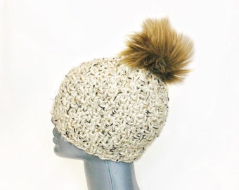 Beige Tweed Beanie with Faux Fur Pom, Chunky Brown Knit Hat, Oatmeal Winter Beanie With Puff, PomPom Toque, Neutral Earth Tone Ski Cap