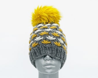 Gray and Yellow Knit Hat, Mustard and White Beanie with Faux Fur Pompom, Gold and Charcoal Winter Hat with Pompom, Chunky Lotus Knit Hat