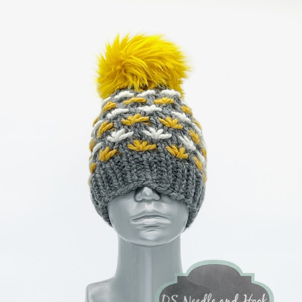 Gray and Yellow Knit Hat, Mustard and White Beanie with Faux Fur Pompom, Gold and Charcoal Winter Hat with Pompom, Chunky Lotus Knit Hat