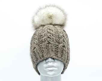 Brown Tweed Beanie with Faux Fur Pompom, Chunky Knit Tweed Crochet Hat, Beige Winter Beanie, Neutral Knit Hat, Brown Ski Cap