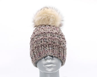 Taupe, Pink, Blue Knit Beanie with Fur Pom, Chunky Light Brown Knit Hat, Beige and Cream Hat, Pastel Toque, Neutral Ski Cap, Crochet Hat