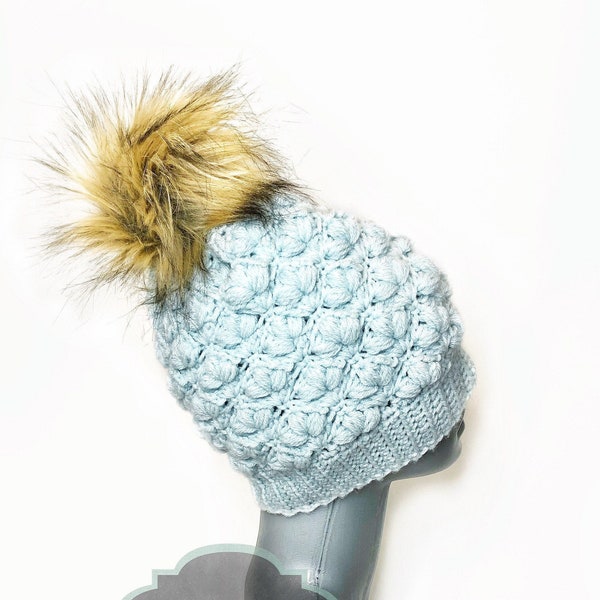 Light Blue Crochet Beanie with Faux Fur Pom, Blue Flower Knit Hat, Pastel Blue Winter Beanie, Baby Blue Knit Toque, Ski Cap