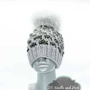 Light Gray Chunky Knit Hat with Faux Fur Pompom, Silver Gray Knit Beanie, Gray Winter Lotus Beanie, Warm Crochet Hat, Winter Ski Cap
