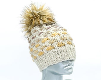 Cream, Brown and Peach Beanie with Faux Fur Pompom, Chunky Taupe and Beige Knit Hat, Lotus Winter Beanie, Neutral Ski Cap