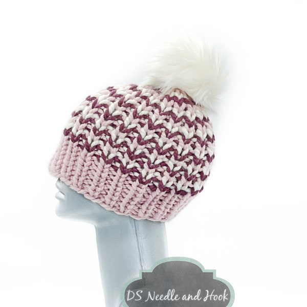 Pink and Burgundy Knit Hat With Faux Fur Pompom, Chunky Wine Red Striped Knit Beanie, Maroon and Blush Winter Beanie, Knit Ski Cap
