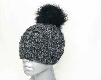 Black and Gray Chunky Knit Hat with Faux Fur Pom, Black Knit Beanie, Chunky Women&#39;s Winter Hat, White and Black Pom Pom Knit Hat, Ski Cap